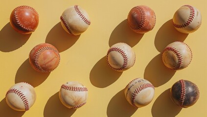 A group of baseballs were arranged in an array on a soft yellow background, creating a visually appealing and harmonious composition. The balls should be in various sizes to showcase 
