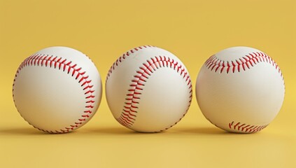 A group of baseballs were arranged in an array on a soft yellow background, creating a visually appealing and harmonious composition. The balls should be in various sizes to showcase 