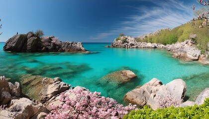 Fototapeta na wymiar rocks and turquoise water in springtime