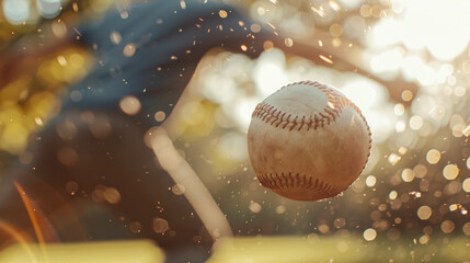 A baseball flying through the air with motion blur, captured in a sunlit outdoor setting