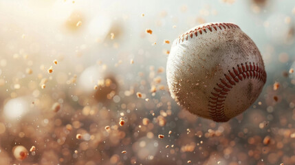 Close-up of a baseball flying through the air, surrounded by dust particles and bokeh effect, emphasizing motion and action