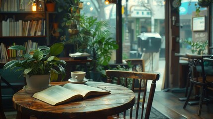 Obraz premium Cozy cafe interior with open book on wooden table, cup of coffee, and lush green plants. Warm, inviting atmosphere perfect for reading and relaxing.