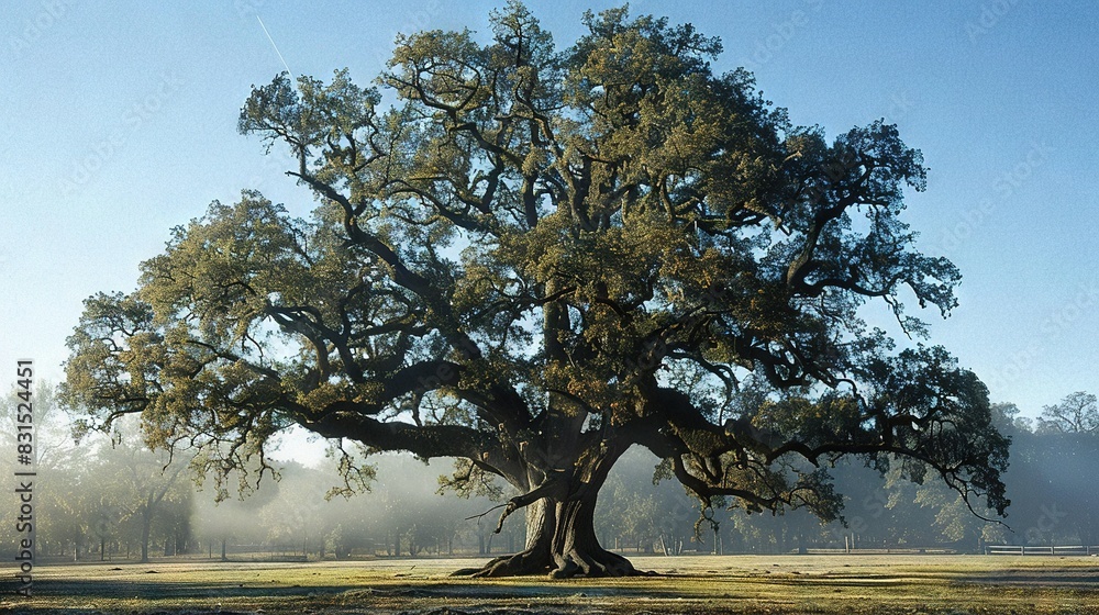 Poster a majestic tree stands tall in a field surrounded by lush grass and towering trees in the backdrop