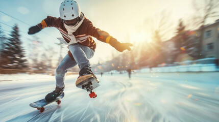 A person performing a skateboard trick on a snow-covered road with a bright sun in the background, wearing a helmet, scarf, and gloves - Powered by Adobe