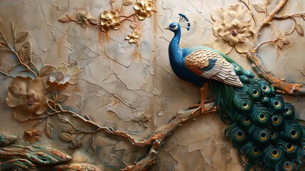 Volumetric Peacock bird with golden elements against the background of a plaster wall.