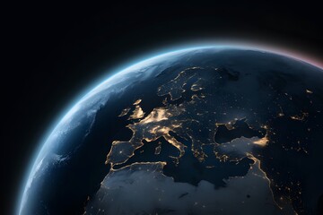 Earth from space with illuminated landmasses, city lights, dark oceans and colorful horizon gradient