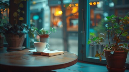 Cozy coffee shop scene with a cup, book, and plants on a wooden table near a window, perfect for a relaxing reading session.