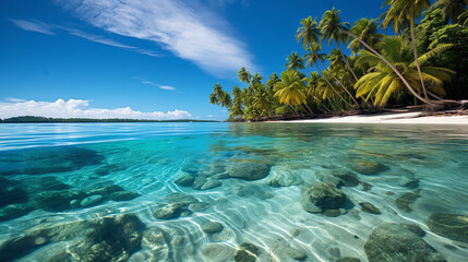 A tropical beach with palm trees, white sand, and crystal clear water.

