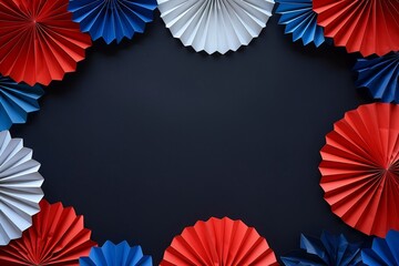 Peak angles of red, white and blue paper fans on a black background for USA national holiday celebration with copy space Generative AI