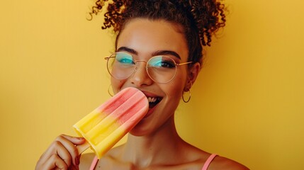 portrait of woman with popsicle on studio background