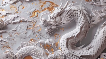 Volumetric Chinese dragon with golden elements.