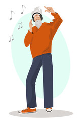  Happy senior man listening to music in headphones, enjoing, dancing. An elderly male person with informal appearance. Vector illustration