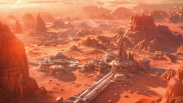 This Tall, modern buildings rise from sandy desert landscape in a futuristic city setting. Colonization of Mars