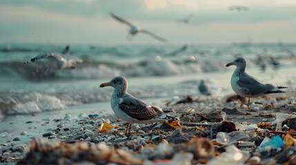 A group of seagulls are standing on a beach near a pile of trash
