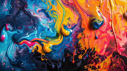Abstract colorful art liquid floating colors splashes background illustration - Colorful acrylic paint splashing, color splash bold rainbow colors, isolated on black background texture