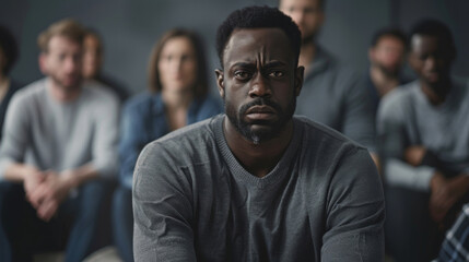 Fototapeta premium Portrait of a contemplative man with a group of blurred people seated behind him