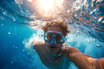 Naklejka premium Young man with goggles smiles underwater, sunlight pierces the sea surface, capturing the essence of a carefree, aquatic adventure