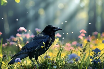 Majestic raven sits among wildflowers with ethereal forest light rays illuminating the background