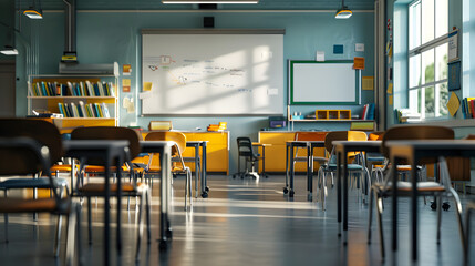 A classroom with a blue board and a bulletin board