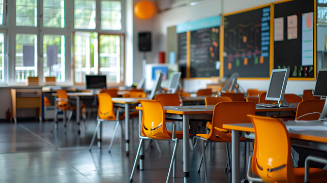 A classroom with many desks and chairs, and a whiteboard