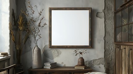 Blank wooden frame mockup in shabby chic interior.