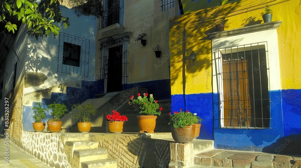 Poster a path of steps leads to a building with potted plants in front and a side window