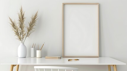 Photo of a minimal workspace with a blank frame, vase, and stationery on a white table against a white wall in the background.