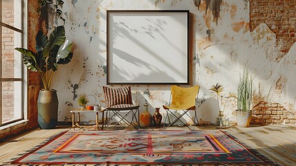 Retro hipster room interior with empty frame, chair and carpet