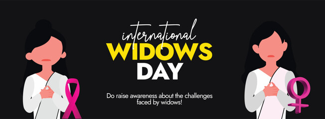 International Widows day. 23rd June international widows day celebration cover banner, post with two widow woman in white dress, woman sign and pink ribbon to show support they need.