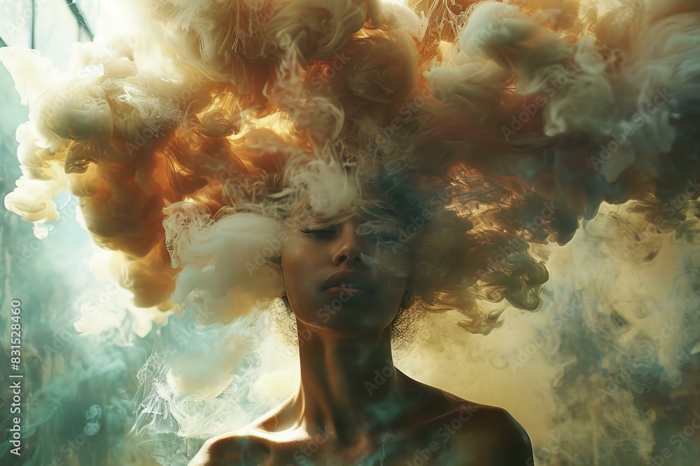 Sticker ethereal woman with billowing smoke in a surreal and abstract portrait, capturing the serene and mys