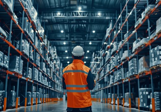 An engineer uses a tablet to manage inventory control and smart transportation with an intelligent warehouse management system, contributing to global logistics and industrial innovation.