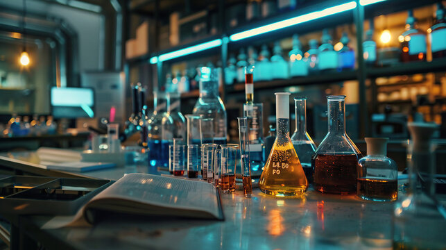glass flasks in laboratory with blur effect background, flask with chemicals , science lab , Checking the quality of petroleum products refining concept.