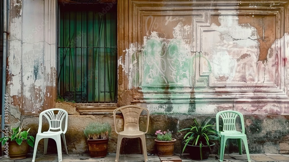 Poster a pair of white chairs positioned beside each other in front of a structure with surrounding greener