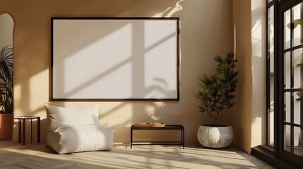 The photo shows a bright, sunny room with a large blank frame on the wall
