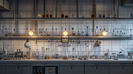 glass flasks in laboratory with blur effect background, flask with chemicals , science lab , Checking the quality of petroleum products refining concept.