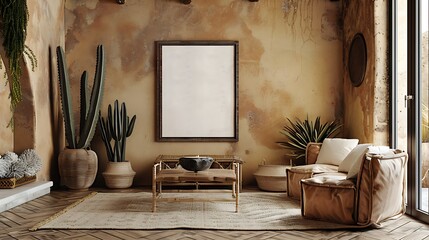 The photo shows a living room with a large empty frame on the wall