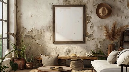 The photo shows a living room with a large empty frame on the wall. There is a sofa, a coffee table, and some plants in the room. The room is decorated in a rustic style.