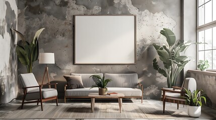 The photo shows a living room with a large white sofa, two armchairs, a coffee table, and several plants