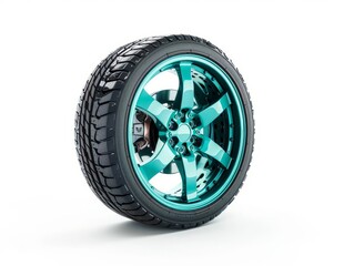 Obraz premium Alloy wheel isolated on white background. Tires and wheels with blue paint color. Winter tires for car project. New tire on vehicle.
