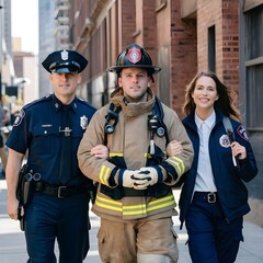 a police officer, a firefighter, and a female paramedic. They look happy and relaxed because they have completed their work, public safety agents