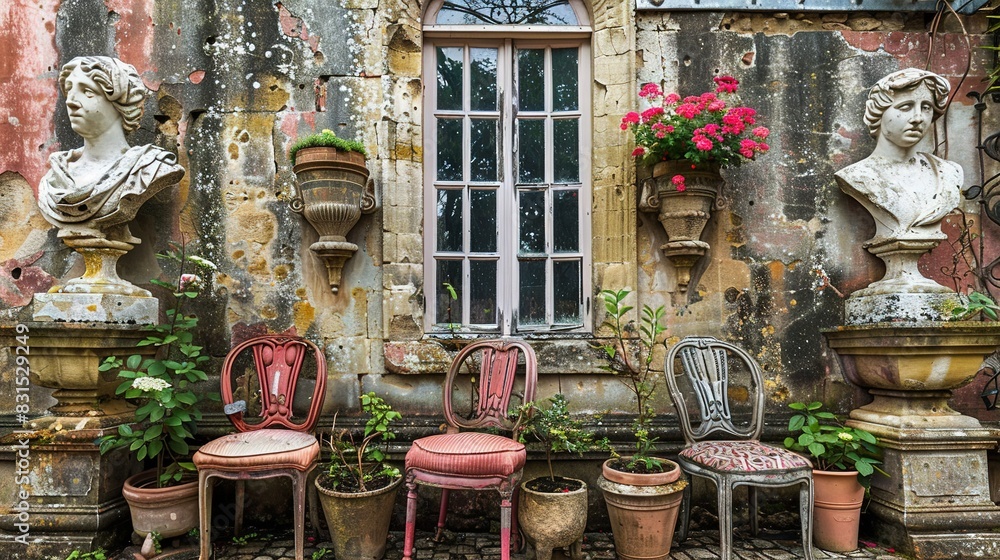 Poster a set of chairs positioned in front of a construction with blossoms protruding from the building's w