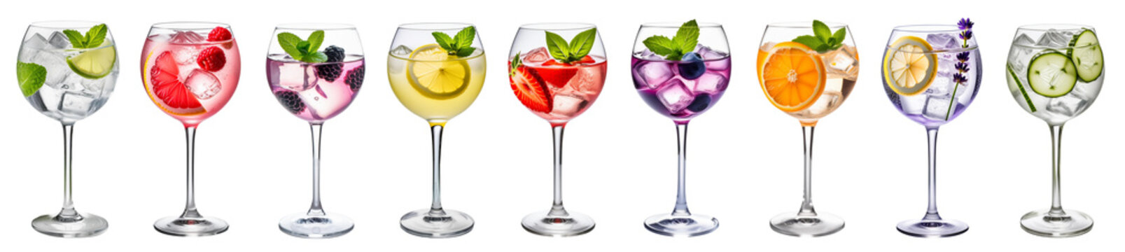 gin tonic cocktails: classic with lime, cucumber, lemon, strawberry, blueberry, orange, lavender, pink with grapefruit and raspberry