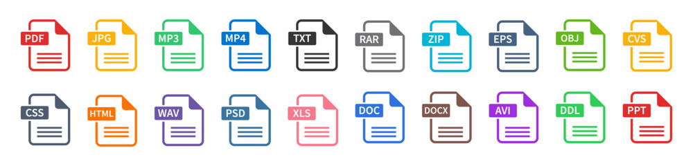 File formats big icon collection. File format of document icons set. PDF, JPG, DOC, PPT, XLS, MP4, RAR, AI, ZIP, MP3, MPV, GSF and more vectors.
