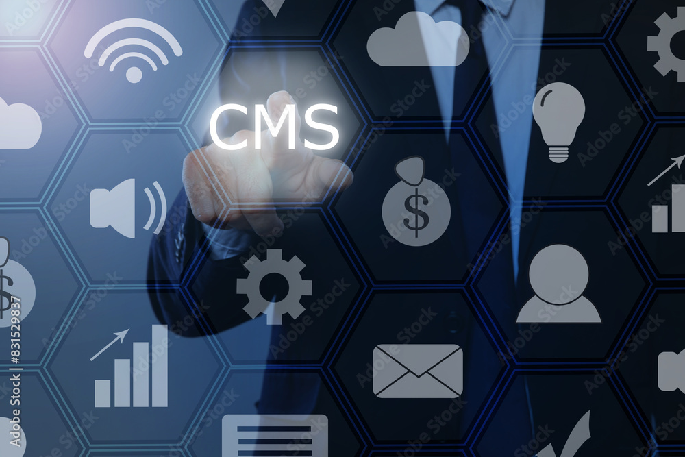 Poster cms. man using virtual screen, closeup. scheme with icons on blue background