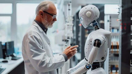 An elderly male scientist in a white coat standing in front of a modern humanoid robot, in a high-tech laboratory with modern equipment in the background