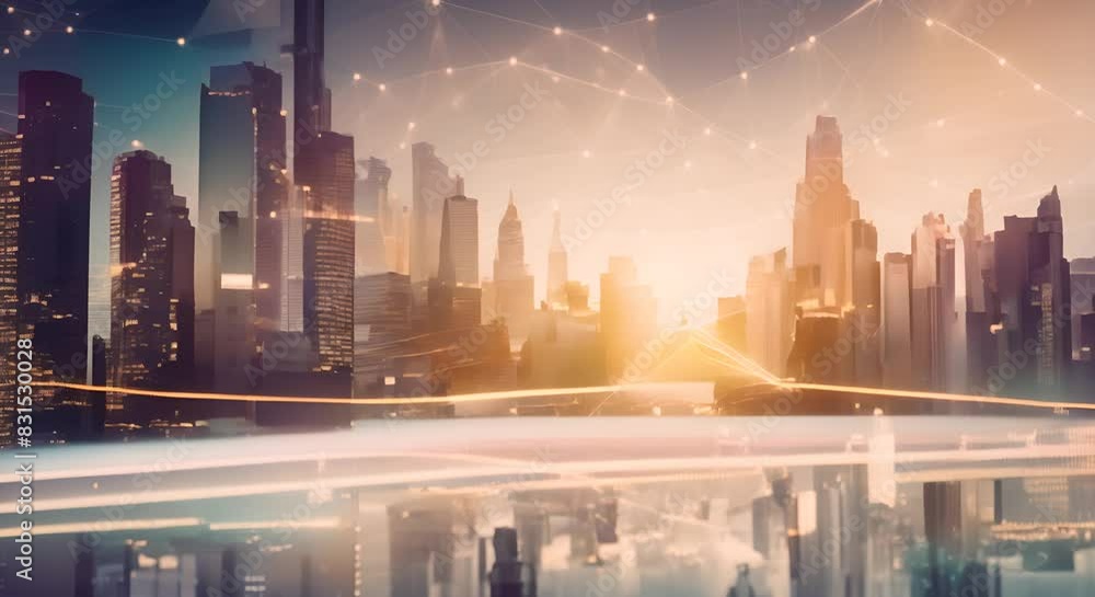 Poster abstract financial data visualization with cityscape and graph lines