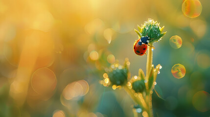 A ladybug is sitting on a leaf that is covered in water droplets - Powered by Adobe