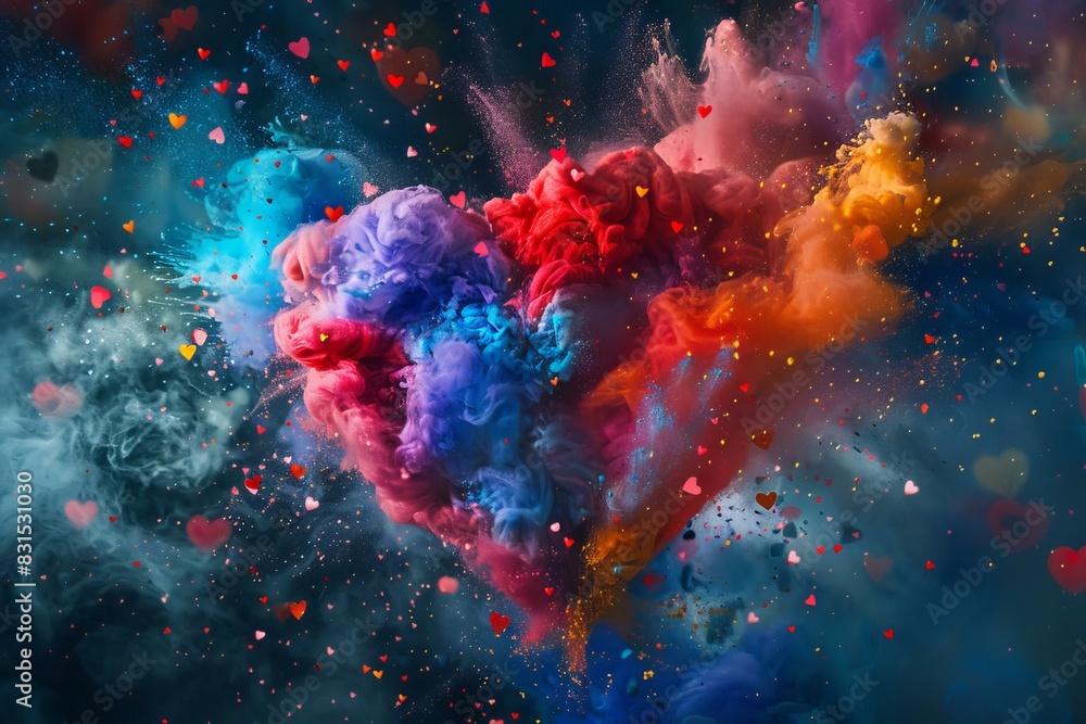 Poster vibrant abstract image with a heart shape formed by a colorful explosion, surrounded by floating hea