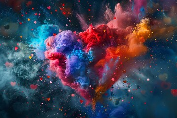 Vibrant abstract image with a heart shape formed by a colorful explosion, surrounded by floating hearts - Powered by Adobe