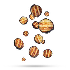 Slices of grilled eggplants in air on white background